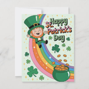 Schattige Leprechaun met Regenboog St. Patrick's D Feestdagenkaart