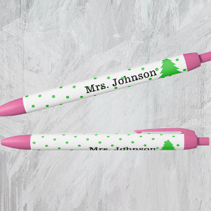 Schattige lerarennaam, groene polka stippen, boom zwarte inkt pen