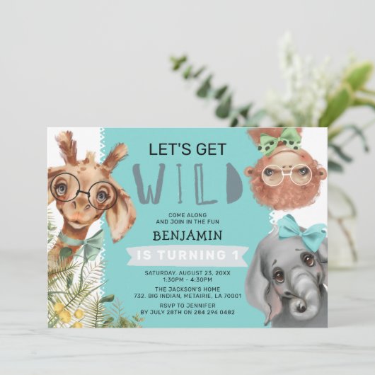 Schattige Let's Get Wild Blue Oerwoud 1e Verjaarda Kaart (Staand voorkant)