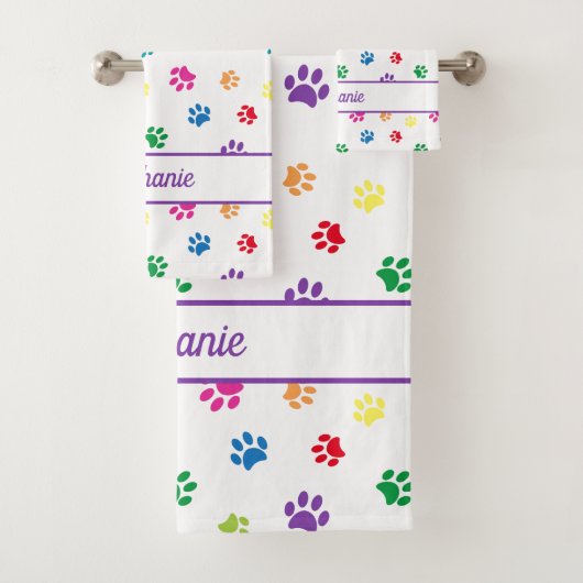 Schattige Leuk Kleurrijke Paw Prints Gepersonalise Bad Handdoek (Insitu)