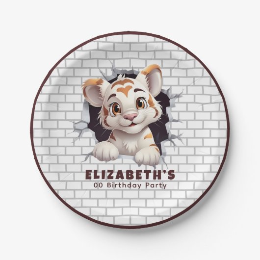 Schattige leuk tijgerwelpje gluren donkerbruin fee papieren bordje (Voorkant)