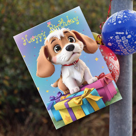 Schattige leuke bruine en witte puppy met cadeaus  kaart