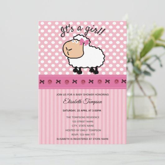 Schattige leuke grappige cartoon schaap roze baby kaart (Staand voorkant)