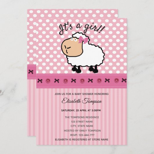 Schattige leuke grappige cartoon schaap roze baby kaart (Voorkant / Achterkant)