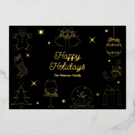 Schattige Leuke Zwarte Hand Getekende Kerst Goud Folie Feestdagenkaart