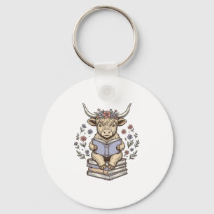 Schattige Lezende Koe Bloemige Boek Stapel Vintage Sleutelhanger