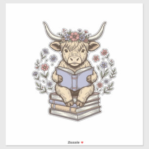Schattige Lezende Koe Bloemige Boek Stapel Vintage Sticker