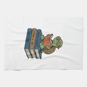 Schattige lezende schildpad op boeken Vintage Vect Theedoek