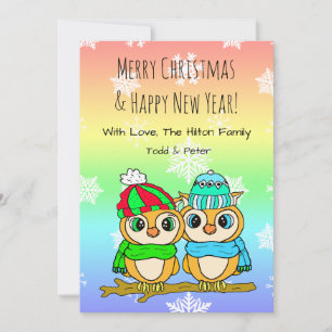 Schattige LGBT-uil-koppel op boomtak Kerstmis Feestdagenkaart