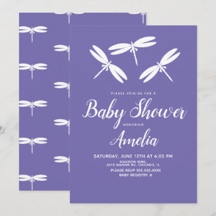 Schattige Libellen Paars Witte Baby Shower   Kaart