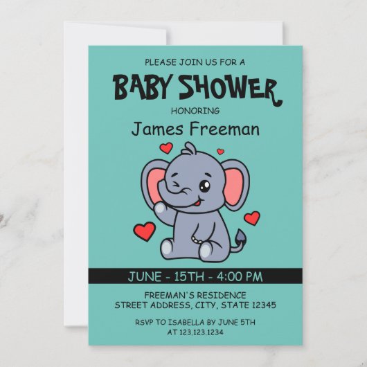 Schattige Licht Blauwgroen Vector Boy Elephant Bab Kaart (Voorkant)