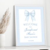 Schattige lichtblauw gingham strik lint baby boy d poster