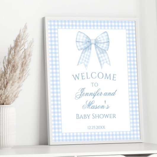 Schattige lichtblauw gingham strik lint baby boy d poster