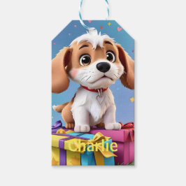 Schattige lichtbruine en witte puppy met kleurrijk cadeaulabel