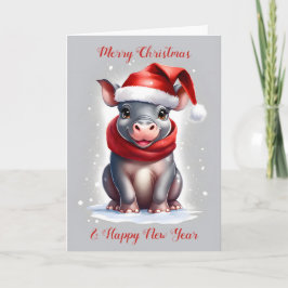 Schattige Lief Hippopotamus Santa Hoed Nieuwjaar Feestdagen Kaart