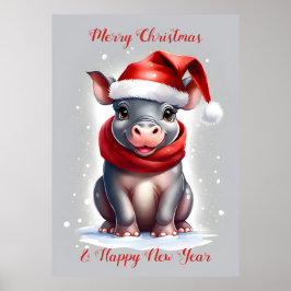Schattige Lief Hippopotamus Santa Hoed Nieuwjaar Poster