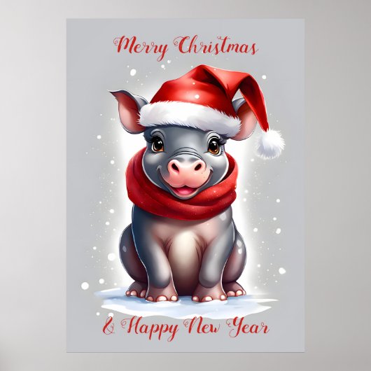 Schattige Lief Hippopotamus Santa Hoed Nieuwjaar Poster (Voorkant)