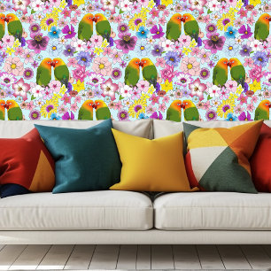 Schattige Liefdesvogels Tropische Bloemen Romantis Behang