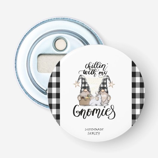 Schattige lieve kabouters Zwart buffelplaid Button Flesopener (Voorkant)