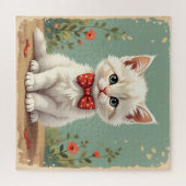 Schattige lieve witte kat met vlinderdas legpuzzel (Horizontaal)