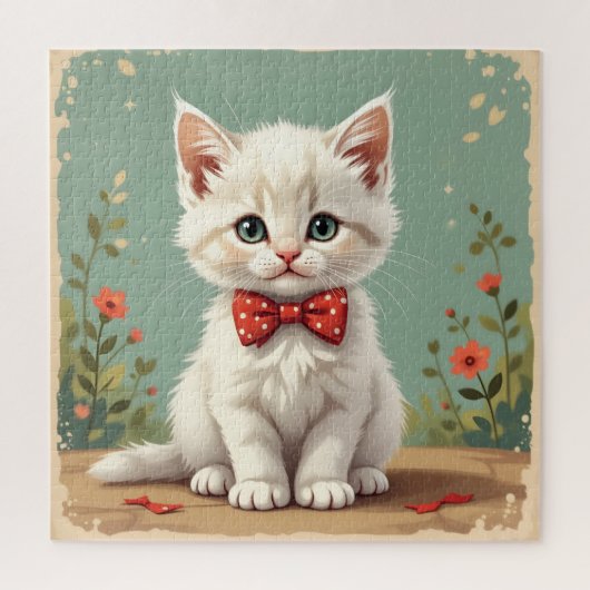 Schattige lieve witte kat met vlinderdas legpuzzel (Verticaal)