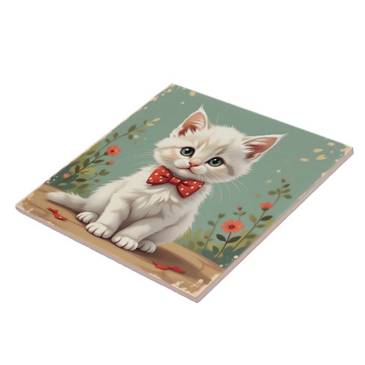 Schattige lieve witte kat met vlinderdas tegeltje (Zijkant)