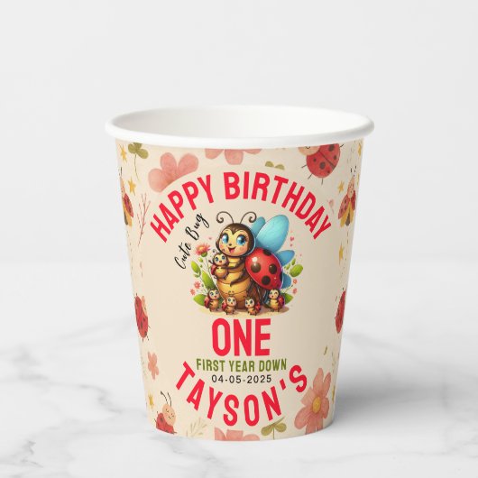Schattige lieveheersbeestje 1e verjaardag | Bug Th Papieren Bekers (Achterkant)