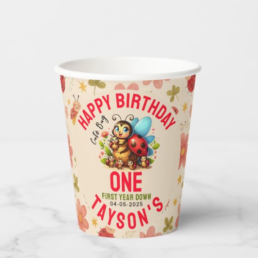 Schattige lieveheersbeestje 1e verjaardag | Bug Th Papieren Bekers (Voorkant)