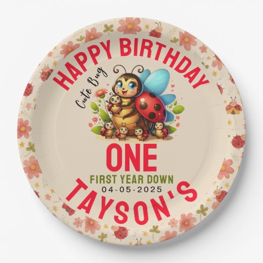 Schattige lieveheersbeestje 1e verjaardag | Bug Th Papieren Bordje (Voorkant)