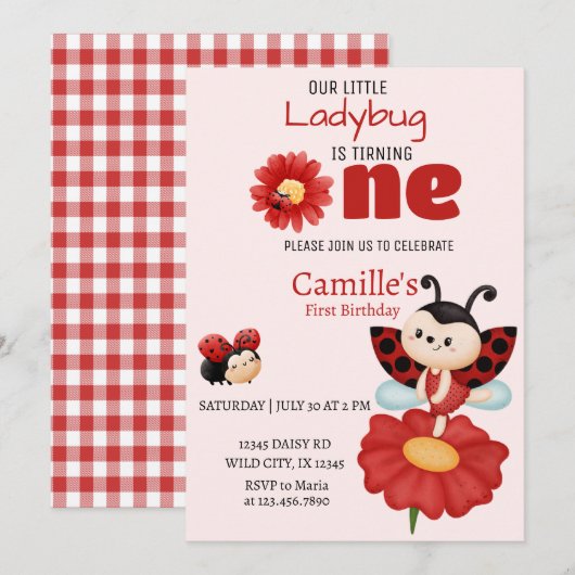 Schattige lieveheersbeestje bloemige eerste verjaa kaart (Voorkant / Achterkant)