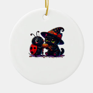 Schattige Lieveheersbeestje en Zwarte Kat Hallowee Keramisch Ornament