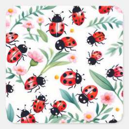 Schattige lieveheersbeestjes en bloemenpatroon wit vierkante sticker