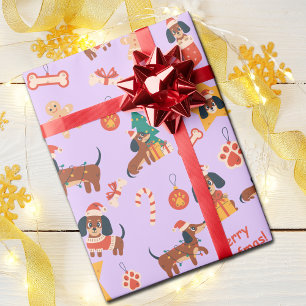 Schattige lila Kerstmis Dachshund vrolijk Woefmas Cadeaupapier