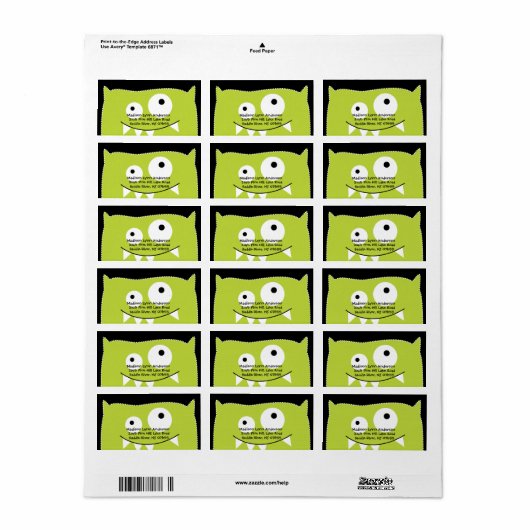 SCHATTIGE lime groen monster retour adres label (Full Sheet)