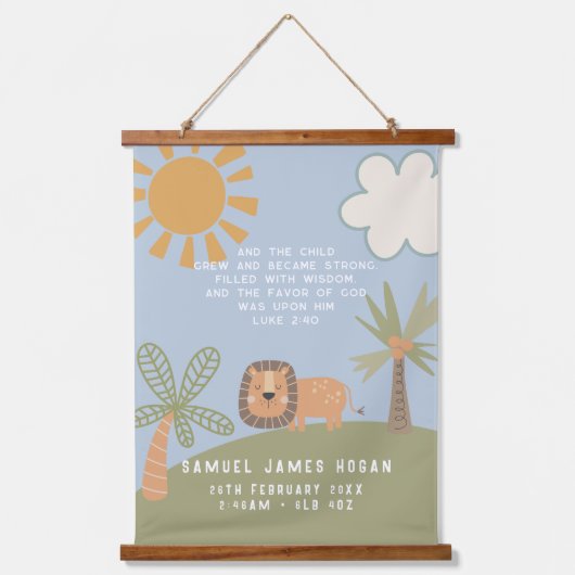 Schattige Lion Bible Verse Birth Stats Boy's Nurse Hangend Wandkleed (Voorkant)