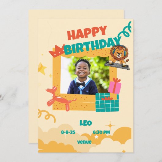 Schattige Lion DJ Kids Verjaardagsfeest Kaart (Voorkant / Achterkant)