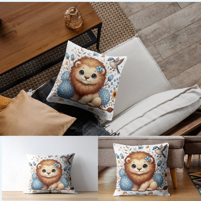 Schattige Lion en Blue Flowers cadeau Kussen (Creator heeft geüpload)