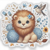 Schattige Lion en Blue Flowers cadeau Sticker (Voorkant)