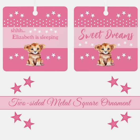 Schattige Lion Shhh Voeg naam is slapen roze Metalen Ornament