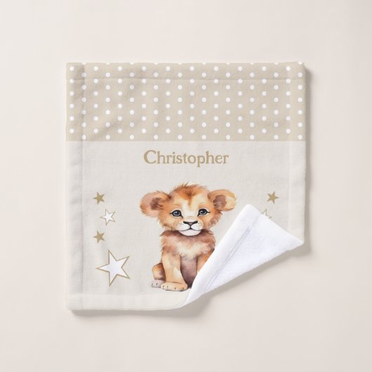 Schattige Lion Voeg naam Polka Dots Stars Brown to Washandje (Wasdoekje)