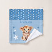 Schattige Lion Voeg naam toe Polka Dots Stars Blue Washandje (Wasdoekje)