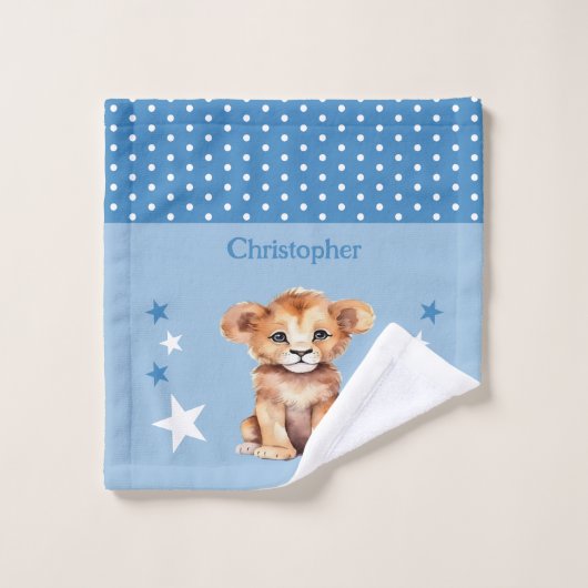 Schattige Lion Voeg naam toe Polka Dots Stars Blue Washandje (Wasdoekje)