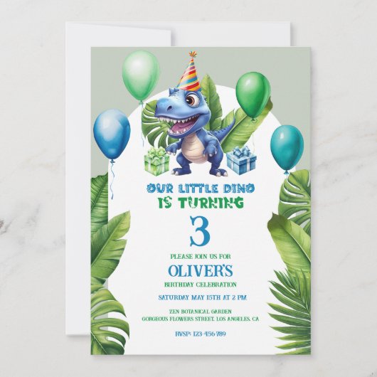 Schattige Little Blue Birthday Dino Tropisch Lijst Bedankkaart (Voorkant)