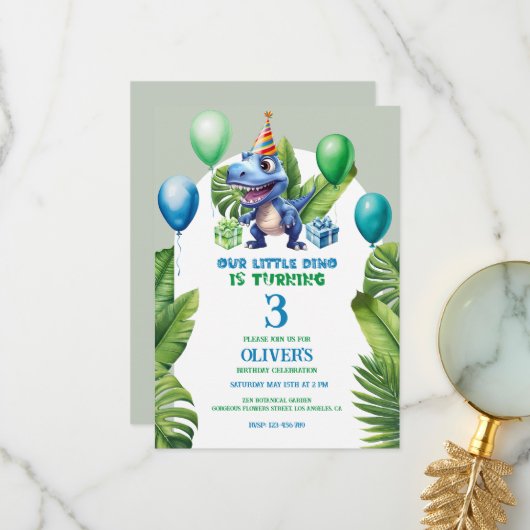 Schattige Little Blue Birthday Dino Tropisch Lijst Bedankkaart (Voorkant / Achterkant in situ)