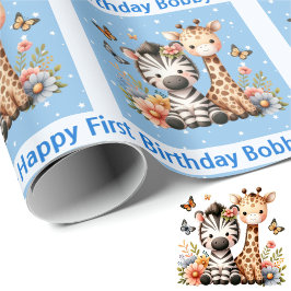 Schattige Little Boy's Birthday Naam toevoegen Die Cadeaupapier