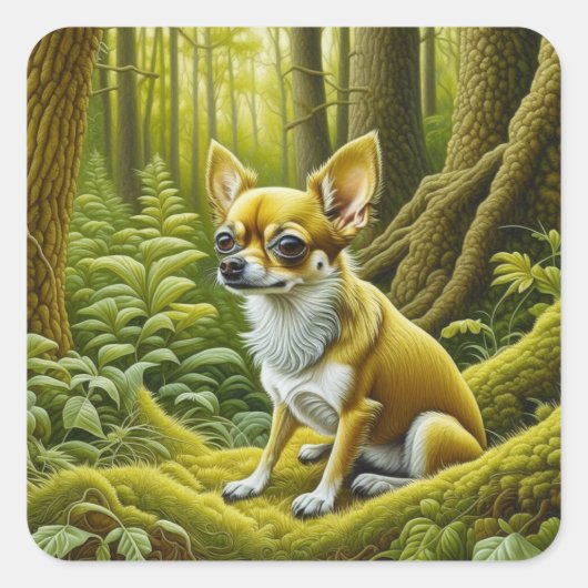 Schattige Little Chihuahua Zittend in de Bossen Vierkante Sticker (Voorkant)