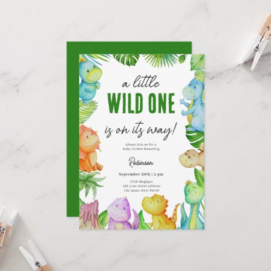 Schattige Little Dino Baby shower Kaart (Voorkant / Achterkant in situ)