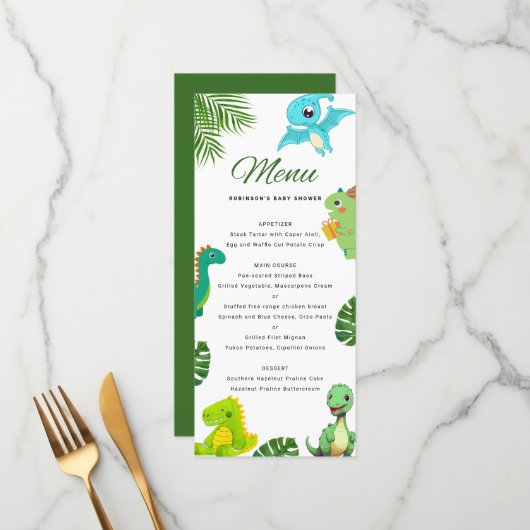 Schattige Little Dino Baby shower Menu (Voorkant / Achterkant in situ)