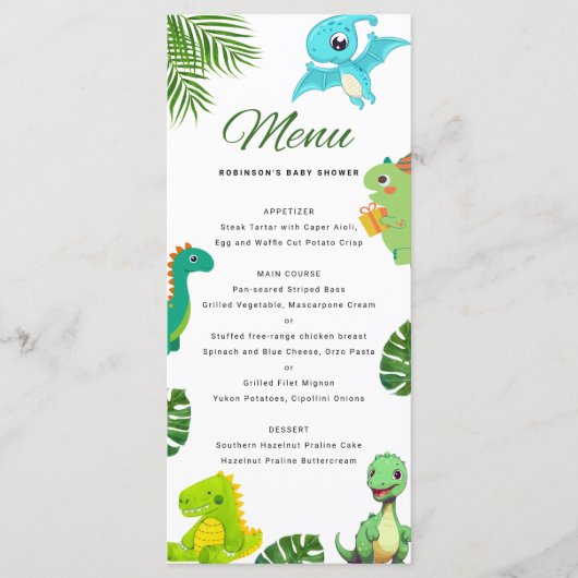 Schattige Little Dino Baby shower Menu (Voorkant)