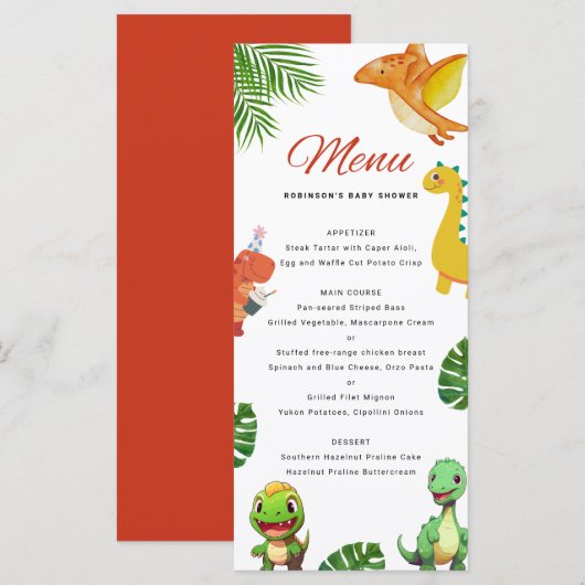 Schattige Little Dino Baby shower Menu (Voorkant / Achterkant)